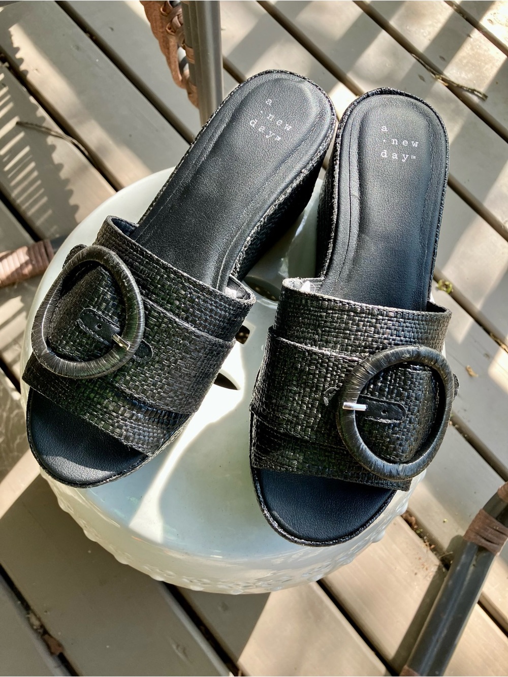 a new day Black Woven Slide Wedge Sandals with Round Buckle 7.5